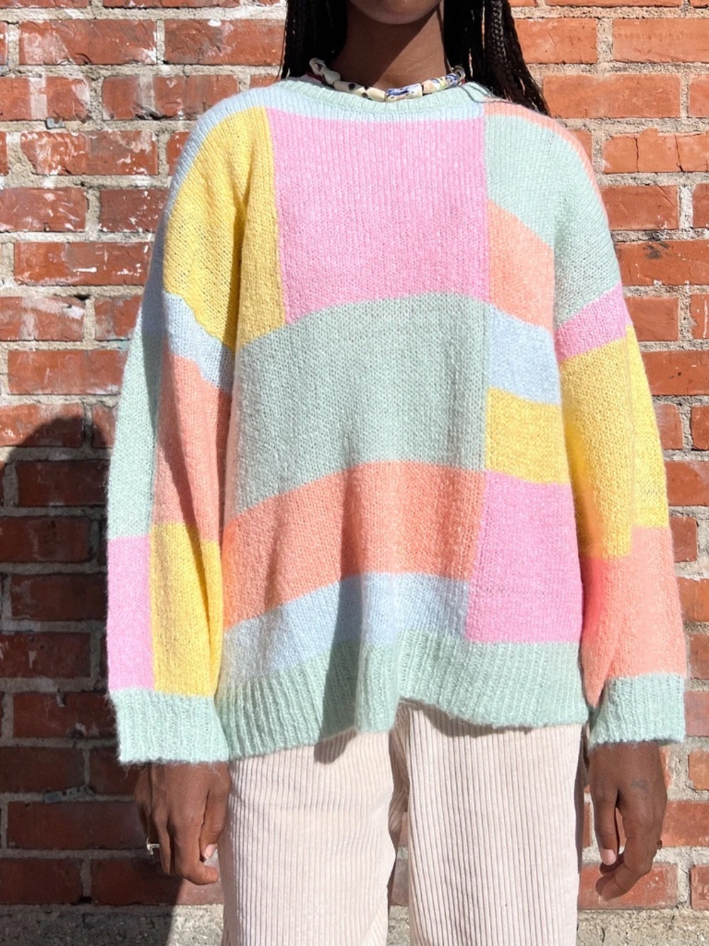 Lisa Says Gah Helen Sweater Pastel Color Block Oversized Pink Green Yellow M/L - Picture 15 of 15